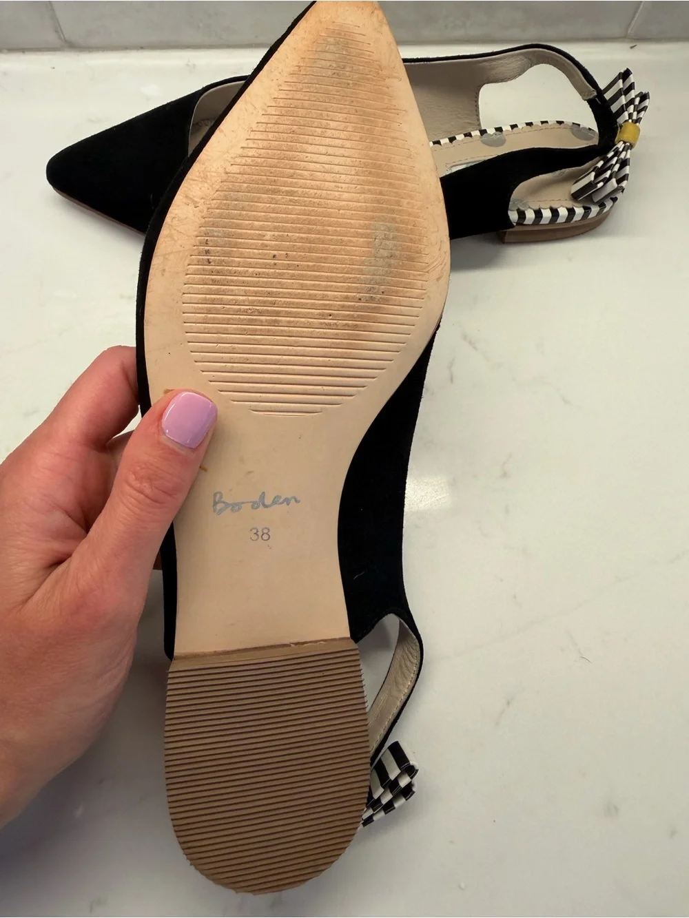 Boden Cut Out Slingback Flats Black Suede Pointed Toe Bow Shoes Women’s Size 8